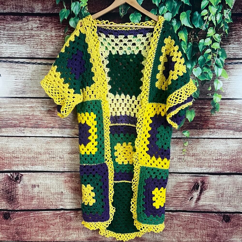 Granny Square Crochet Sweater One Size Cardigan Oregon Ducks LSU Tigers Knit
